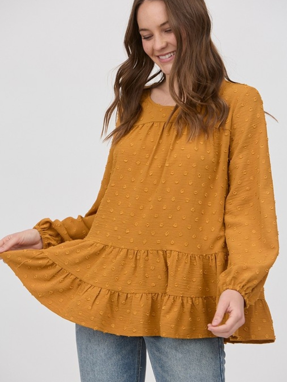 Dark Mustard Textured Swiss Dot Tiered Long-Sleeve Top
